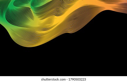 Abstract background with luminous energy swirling aurora lines over a black background with copy space for text and  messages. Wallpaper background. 