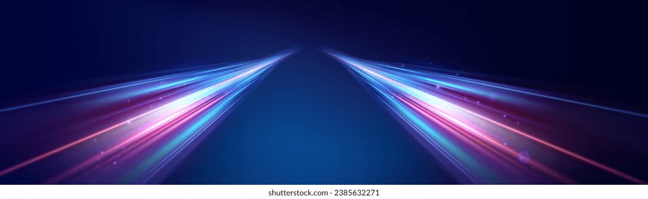 Abstrakter Hintergrund von Leuchtlinien. Neonlinien. Laserstrahlen. Abstrakte blaue Leuchtlinien auf dunklem Hintergrund. Futuristische Technologie-Stil. Vektorgrafik-Straße.