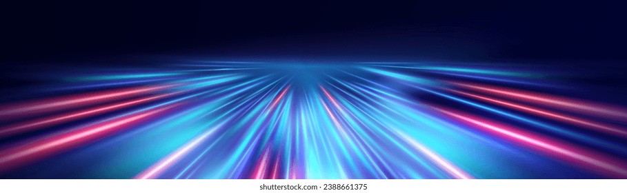 Abstract background of luminous lines. Neon lines. Laser rays. Abstract blue light lines on dark background. Futuristic technology style. Vector illustration road.