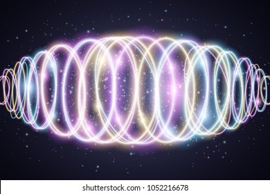 Abstract background of luminous multicolored neon waves. Music Equalizer. Wallpapers for your design. Colorful magic flying dust. Chaotic light circles. Vector illustration. EPS 10