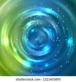 Abstract background with luminous swirling backdrop. Vector infinite round tunnel of shining flares. Blue, green colors.