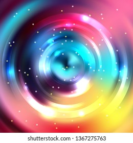 Abstract background with luminous swirling backdrop. Vector infinite round tunnel of shining flares. Red, blue, yellow clors.