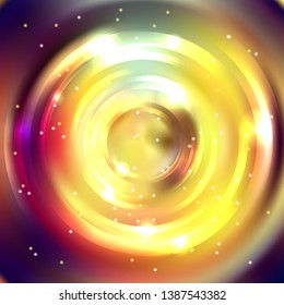 Abstract background with luminous swirling backdrop. Vector infinite round tunnel of shining flares. Yellow, purple, brown colors.