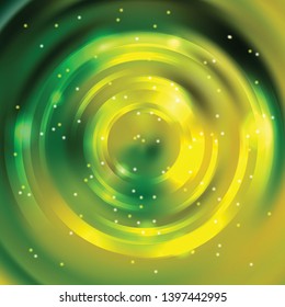 Abstract background with luminous swirling backdrop. Vector infinite round tunnel of shining flares. Yellow, green colors.