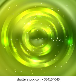 Abstract background with luminous swirling backdrop. Vector infinite round tunnel of shining flares.  Green, yellow colors. 
