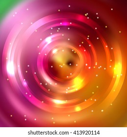 Abstract background with luminous swirling backdrop. Vector infinite round tunnel of shining flares.  Orange, pink, purple colors. 