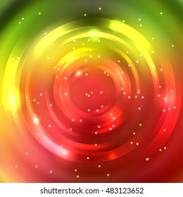Abstract background with luminous swirling backdrop. Vector infinite round tunnel of shining flares.  Red, yellow, green colors. 
