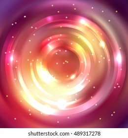Abstract background with luminous swirling backdrop. Vector infinite round tunnel of shining flares.  Pink, yellow, orange, red colors. 