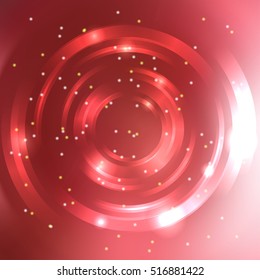 Abstract background with luminous swirling backdrop. Vector infinite round tunnel of shining flares.  Red, pink, orange colors. 