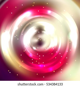 Abstract background with luminous swirling backdrop. Vector infinite round tunnel of shining flares.  Pink, red, beige colors. 