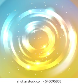 Abstract background with luminous swirling backdrop. Vector infinite round tunnel of shining flares.  Yellow, blue, white colors. 