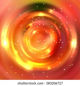 Abstract background with luminous swirling backdrop. Vector infinite round tunnel of shining flares.  Orange, yellow colors. 