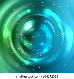Abstract background with luminous swirling backdrop. Vector infinite round tunnel of shining flares.  Green, blue colors. 