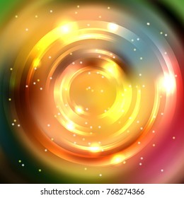 Abstract background with luminous swirling backdrop. Vector infinite round tunnel of shining flares. Brown, yellow, red colors.