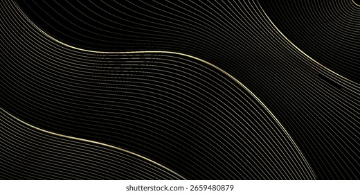 Fundo abstrato com linhas de ouro onduladas luxuosas e elegantes. Ilustração vetorial para modelos, banners, cartões, vendas, publicidade, eventos, prêmios, Web e páginas.