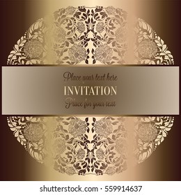 Abstract background, luxury beige and gold vintage frame, victorian banner, damask floral wallpaper ornaments, invitation card, baroque style booklet, fashion pattern, template for design.