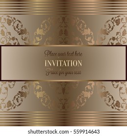 Abstract background, luxury beige and gold vintage frame, victorian banner, damask floral wallpaper ornaments, invitation card, baroque style booklet, fashion pattern, template for design.