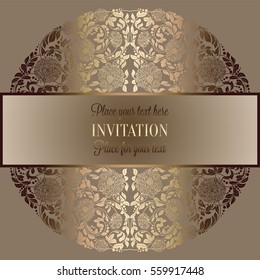 Abstract background, luxury beige and gold vintage frame, victorian banner, damask floral wallpaper ornaments, invitation card, baroque style booklet, fashion pattern, template for design.
