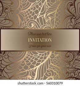 Abstract background, luxury beige and gold vintage frame, victorian banner, damask floral wallpaper ornaments, invitation card, baroque style booklet, fashion pattern, template for design.