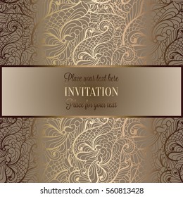 Abstract background, luxury beige and gold vintage frame, victorian banner, damask floral wallpaper ornaments, invitation card, baroque style booklet, fashion pattern, template for design.