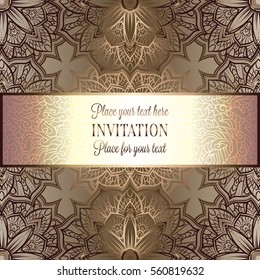 Abstract background, luxury beige and gold vintage frame, victorian banner, damask floral wallpaper ornaments, invitation card, baroque style booklet, fashion pattern, template for design.