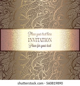 Abstract background, luxury beige and gold vintage frame, victorian banner, damask floral wallpaper ornaments, invitation card, baroque style booklet, fashion pattern, template for design.