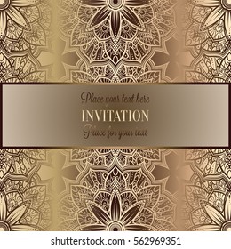 Abstract background, luxury beige and gold vintage frame, victorian banner, damask floral wallpaper ornaments, invitation card, baroque style booklet, fashion pattern, template for design.