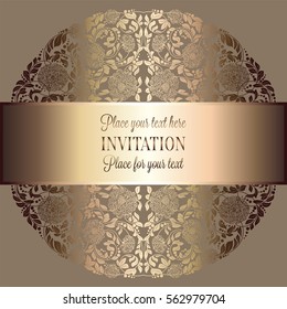 Abstract background, luxury beige and gold vintage frame, victorian banner, damask floral wallpaper ornaments, invitation card, baroque style booklet, fashion pattern, template for design.