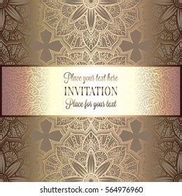 Abstract background, luxury beige and gold vintage frame, victorian banner, damask floral wallpaper ornaments, invitation card, baroque style booklet, fashion pattern, template for design.