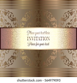 Abstract background, luxury beige and gold vintage frame, victorian banner, damask floral wallpaper ornaments, invitation card, baroque style booklet, fashion pattern, template for design.