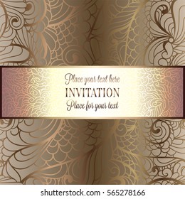 Abstract background, luxury beige and gold vintage frame, victorian banner, damask floral wallpaper ornaments, invitation card, baroque style booklet, fashion pattern, template for design.