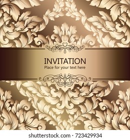 Abstract background with luxury beige and gold vintage frame, damask floral wallpaper ornaments, invitation card with place for text, baroque style booklet, fashion pattern, template for design.