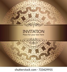 Abstract background with luxury beige and gold vintage frame, damask floral wallpaper ornaments, invitation card with place for text, baroque style booklet, fashion pattern, template for design.