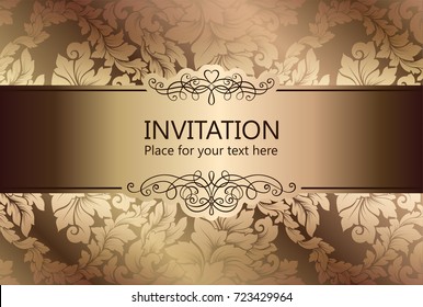 Abstract background with luxury beige and gold vintage frame, damask floral wallpaper ornaments, invitation card with place for text, baroque style booklet, fashion pattern, template for design.