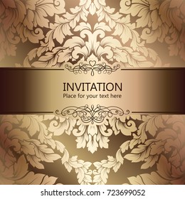 Abstract background with luxury beige and gold vintage frame, damask floral wallpaper ornaments, invitation card with place for text, baroque style booklet, fashion pattern, template for design.