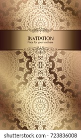 Abstract background with luxury beige and gold vintage frame, damask floral wallpaper ornaments, invitation card with place for text, baroque style booklet, fashion pattern, template for design.