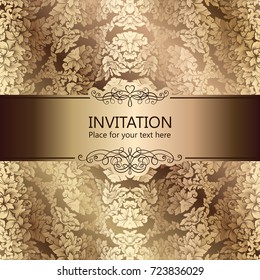 Abstract background with luxury beige and gold vintage frame, damask floral wallpaper ornaments, invitation card with place for text, baroque style booklet, fashion pattern, template for design.