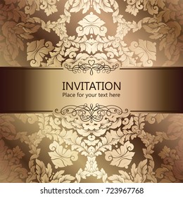 Abstract background with luxury beige and gold vintage frame, damask floral wallpaper ornaments, invitation card with place for text, baroque style booklet, fashion pattern, template for design.