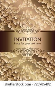 Abstract background with luxury beige and gold vintage frame, damask floral wallpaper ornaments, invitation card with place for text, baroque style booklet, fashion pattern, template for design.