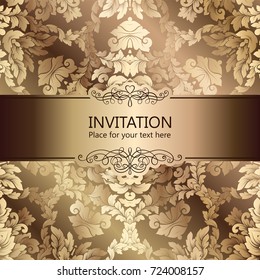 Abstract background with luxury beige and gold vintage frame, damask floral wallpaper ornaments, invitation card with place for text, baroque style booklet, fashion pattern, template for design.