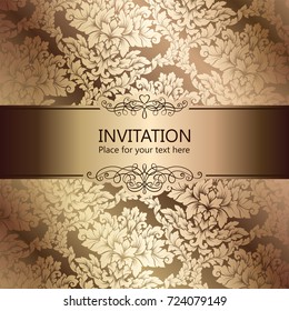 Abstract background with luxury beige and gold vintage frame, damask floral wallpaper ornaments, invitation card with place for text, baroque style booklet, fashion pattern, template for design.