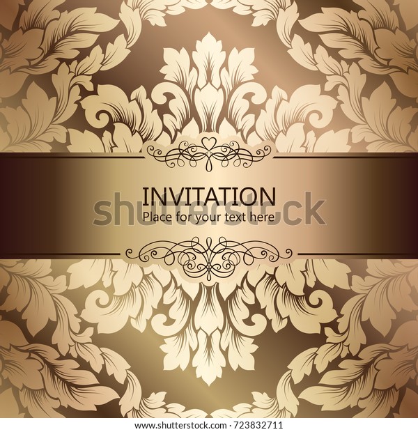 Abstract background with luxury beige and gold\
vintage frame, damask floral wallpaper ornaments, invitation card\
with place for text, baroque style booklet, fashion pattern,\
template for design.