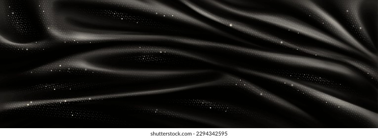 Abstract background with luxury black silk fabric with gold glitter. Texture of elegant dark cloth with gold shine, smooth satin drapery surface, vector realistic illustration