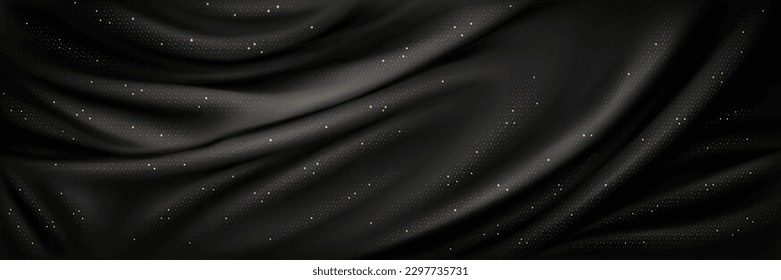 Abstract background with luxury black silk fabric with gold glitter. Texture of elegant dark cloth with gold shine, smooth satin drapery surface, vector realistic illustration