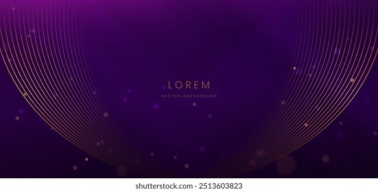 Abstrato fundo luxo roxo escuro elegante com linhas de curva de ouro efeito de iluminação. Design de prêmio de modelo. Ilustração vetorial