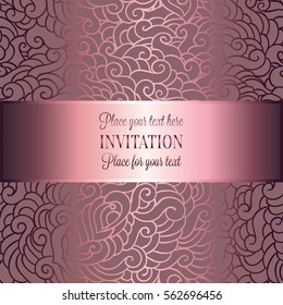 Abstract background with luxury metal pink place for text vintage tracery made of feathers, damask floral wallpaper ornaments, invitation card template, fashion pattern on pink and gray background.