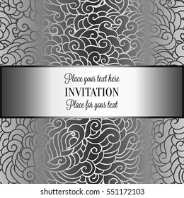 Abstract background with luxury metal silver with place for text vintage tracery made of feathers, damask floral wallpaper ornaments, invitation card, fashion pattern.