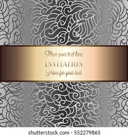 Abstract background with luxury metal silver with gold place for text vintage tracery made of feathers, damask floral wallpaper ornaments, invitation card, fashion pattern.