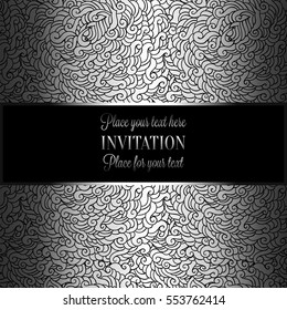 Abstract background with luxury metal silver with place for text vintage tracery made of feathers, damask floral wallpaper ornaments, invitation card, fashion pattern.