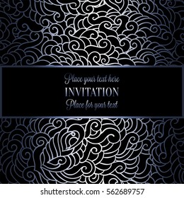 Abstract Background With Luxury Metal Silver Blue With Place For Text Vintage Tracery Made Of Feathers, Damask Floral Wallpaper Ornaments, Invitation Card, Fashion Pattern.